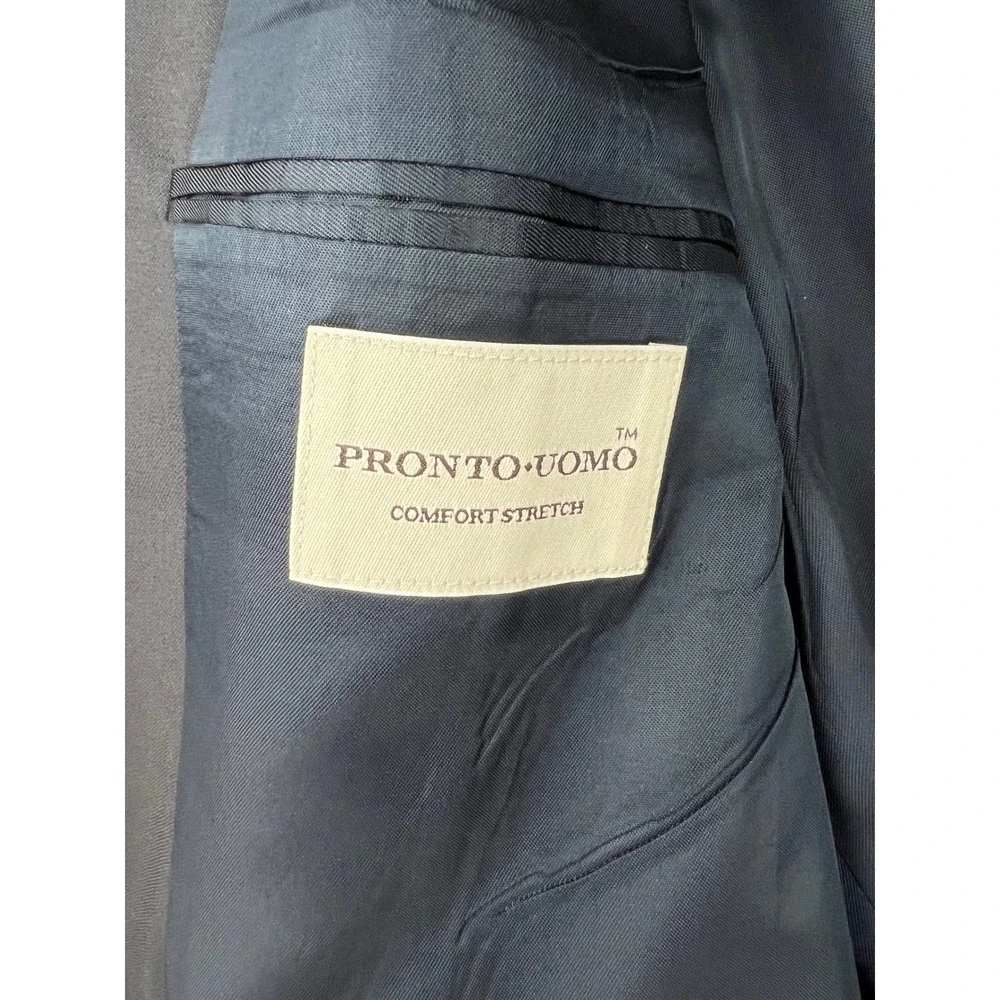 Pronto Uomo Suit Mens 48R 44W Black Worsted Wool 2PC Blazer Pleated Pants Good